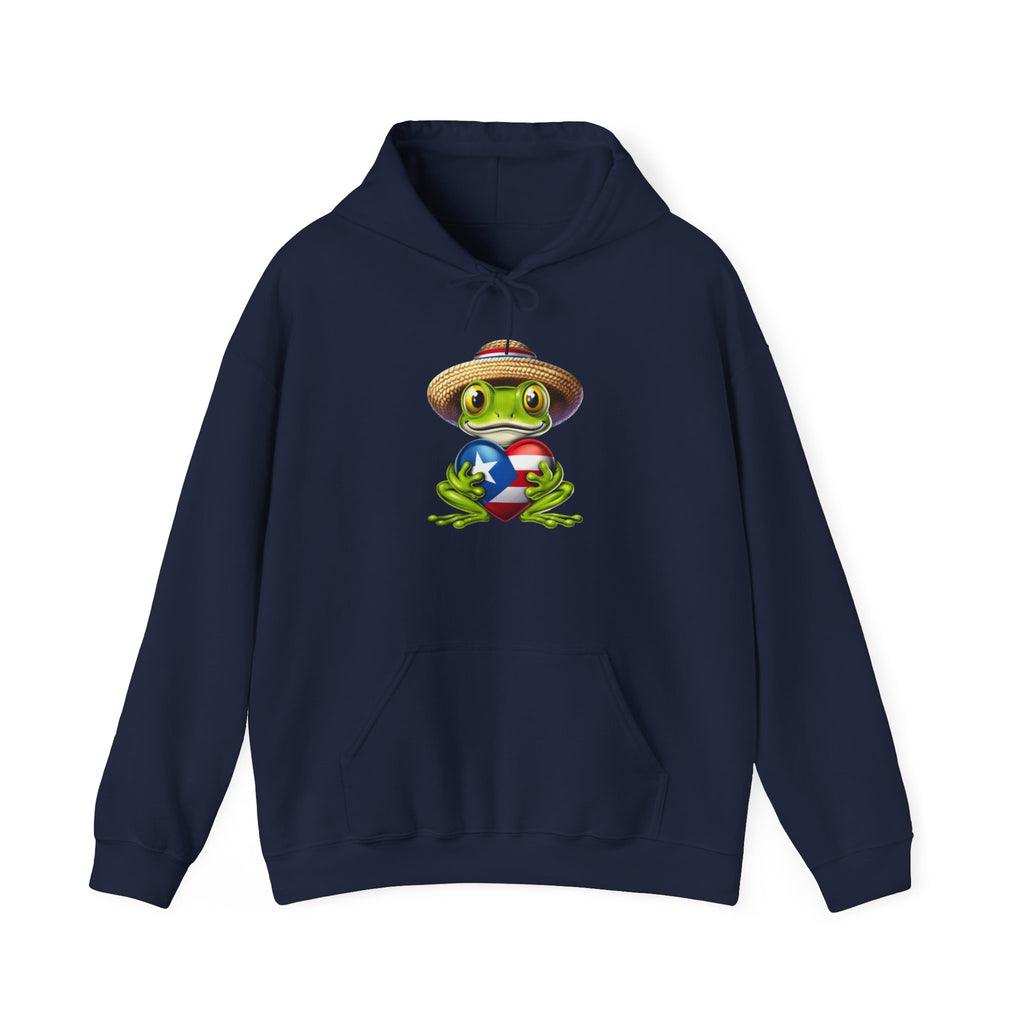 Puerto Rico Frog Hoodie — Coquí with Flag Heart Back Graphic