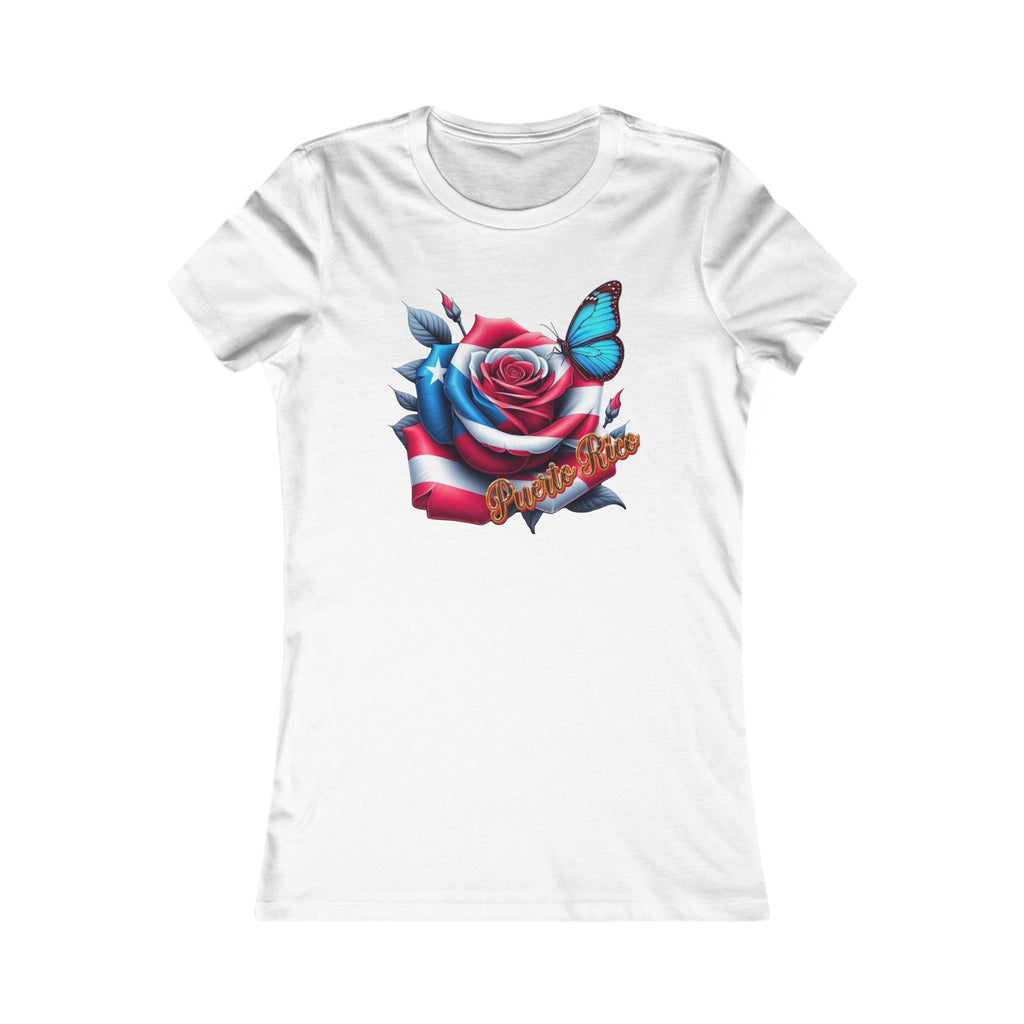 Patriotic Puerto Rico Rose Tee — Women's Flag Butterfly Floral T-Shirt