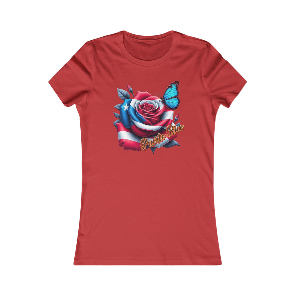 Patriotic Puerto Rico Rose Tee — Women's Flag Butterfly Floral T-Shirt