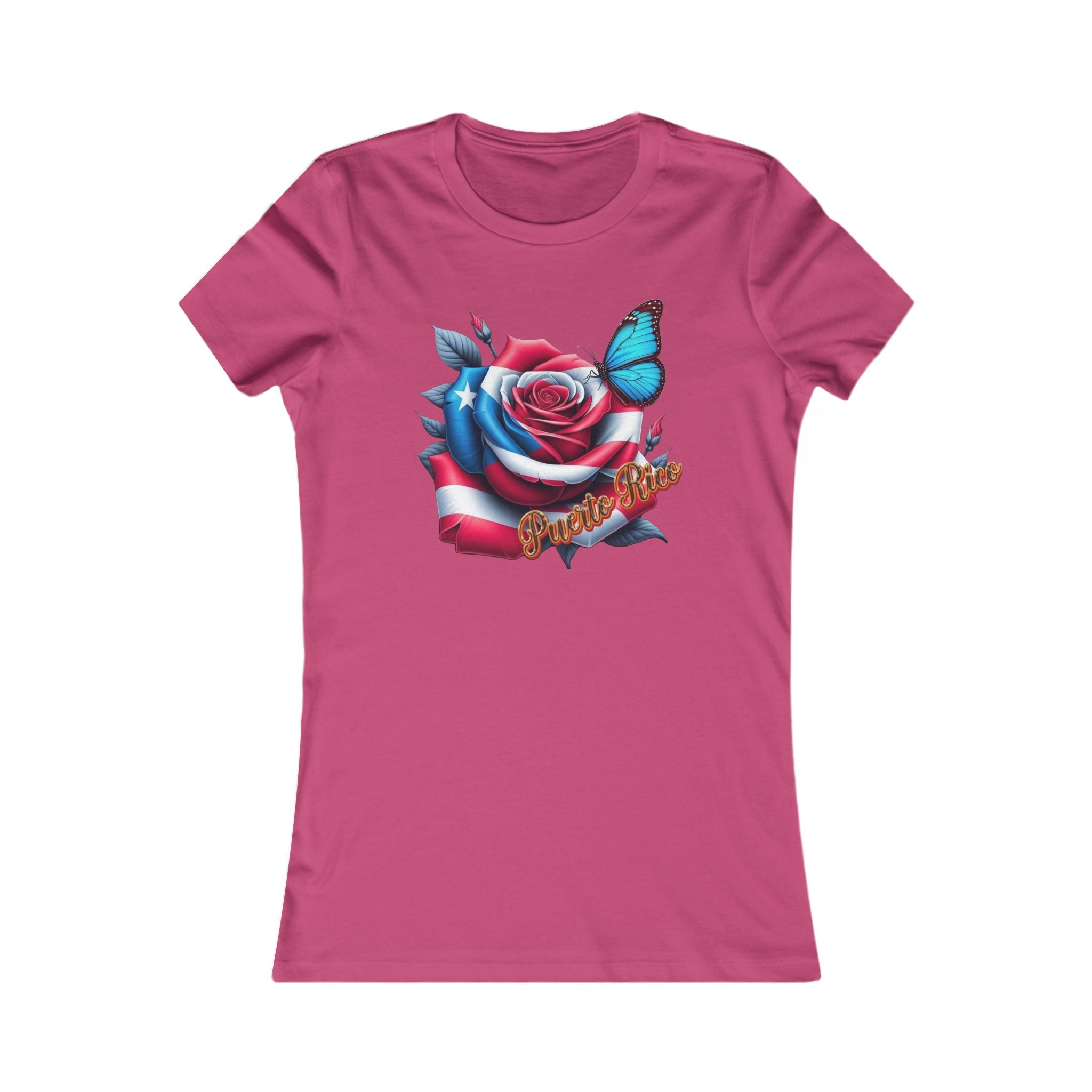 Patriotic Puerto Rico Rose Tee — Women's Flag Butterfly Floral T-Shirt