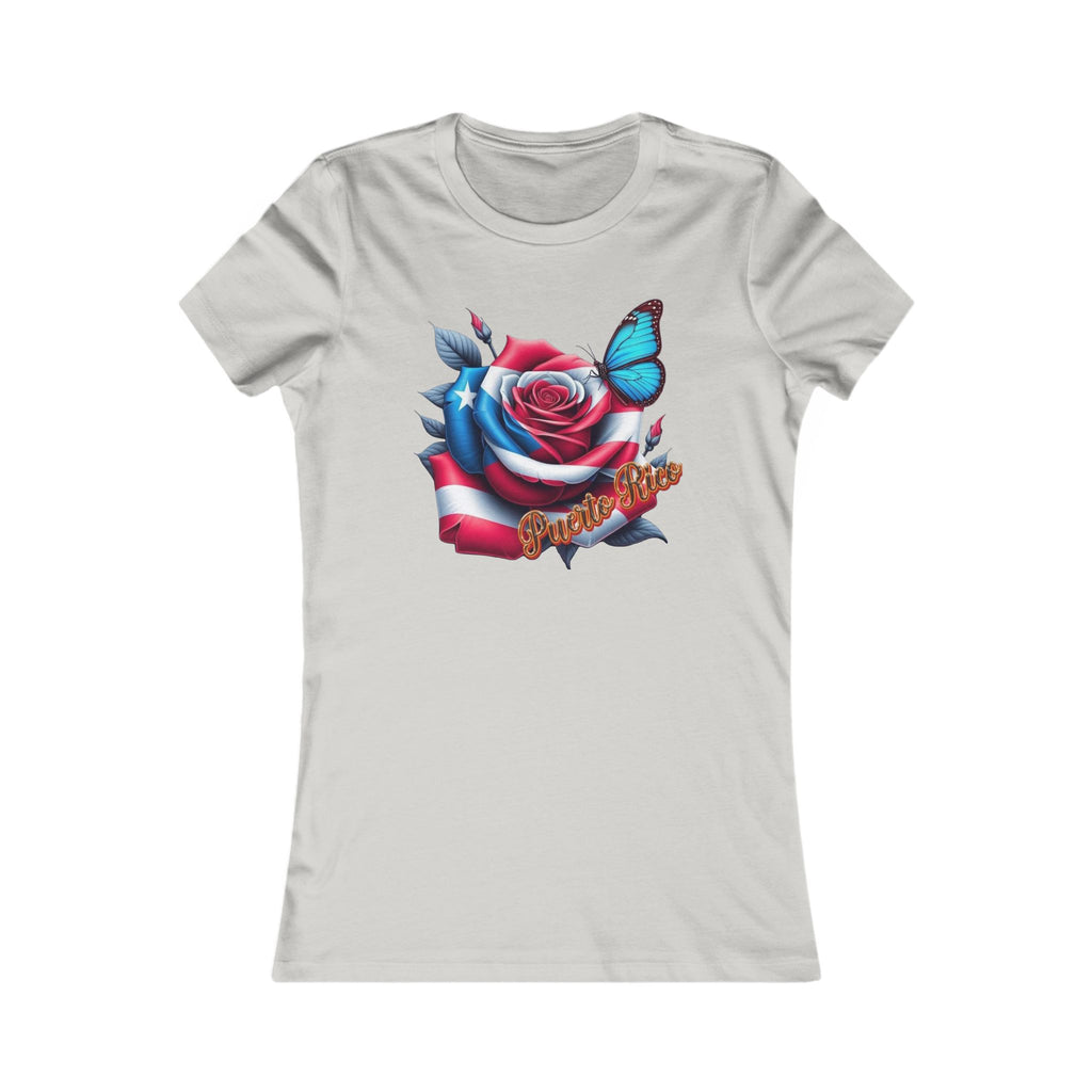 Patriotic Puerto Rico Rose Tee — Women's Flag Butterfly Floral T-Shirt