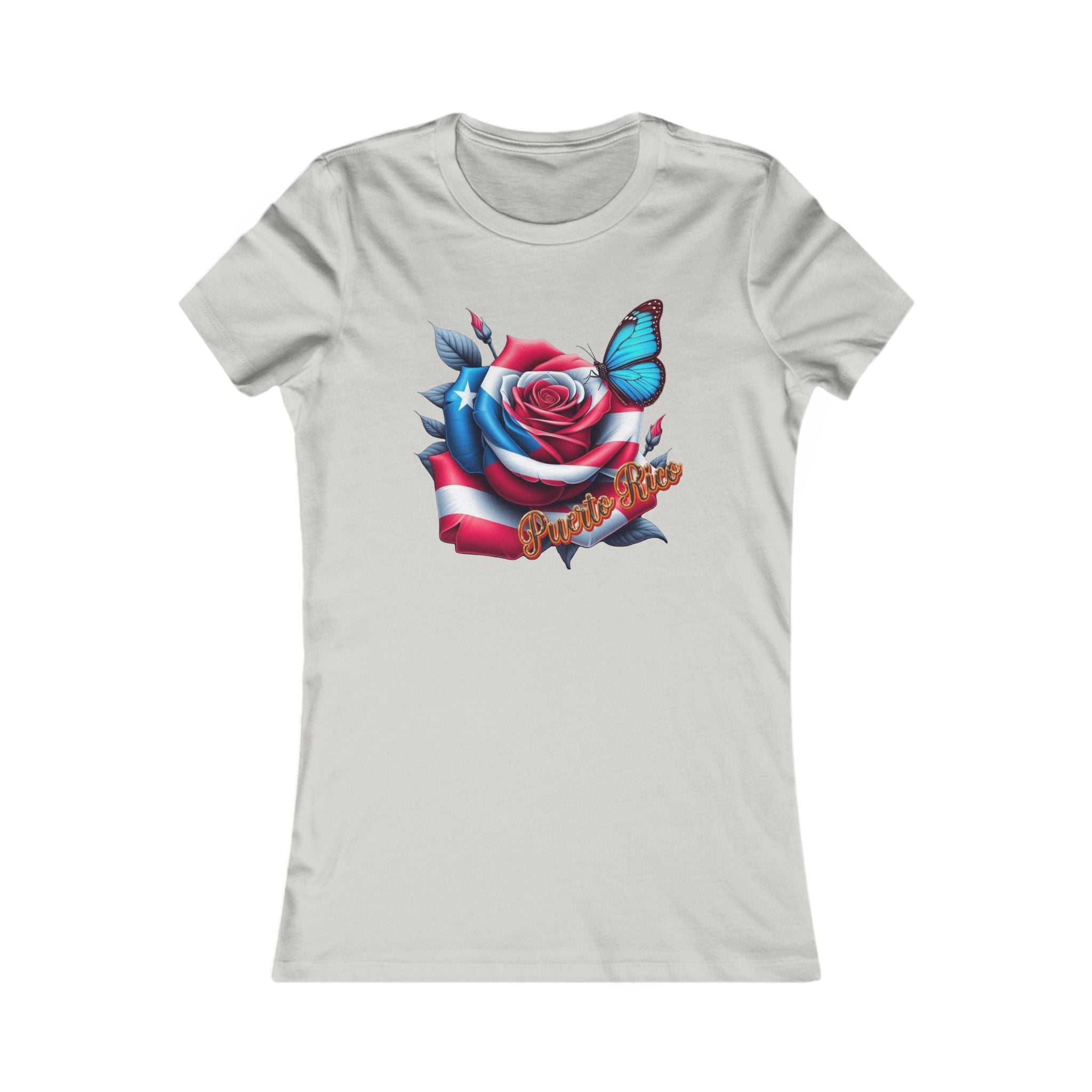 Patriotic Puerto Rico Rose Tee — Women's Flag Butterfly Floral T-Shirt