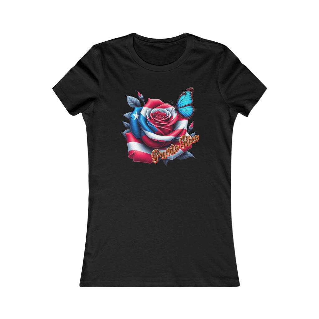Patriotic Puerto Rico Rose Tee — Women's Flag Butterfly Floral T-Shirt
