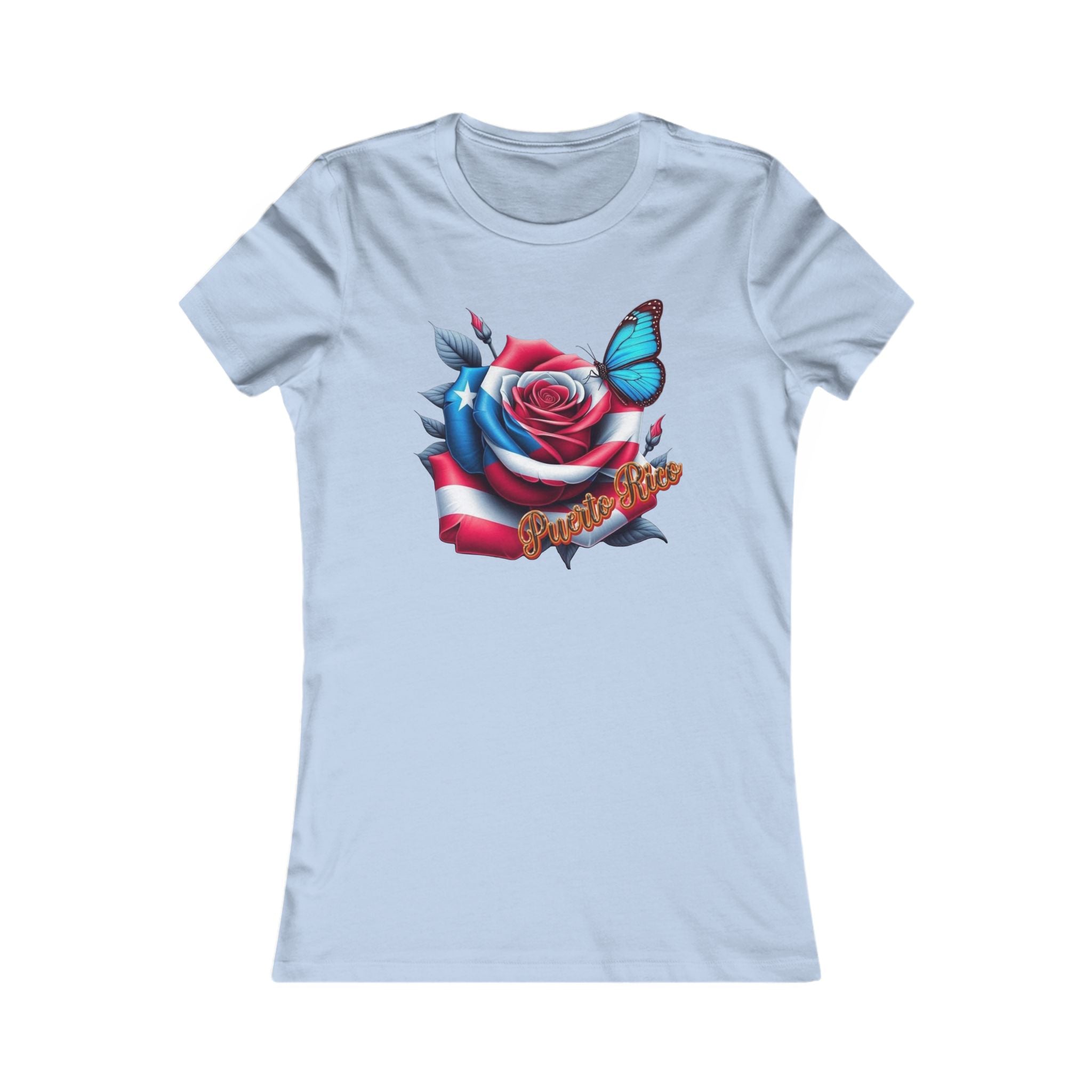 Patriotic Puerto Rico Rose Tee — Women's Flag Butterfly Floral T-Shirt