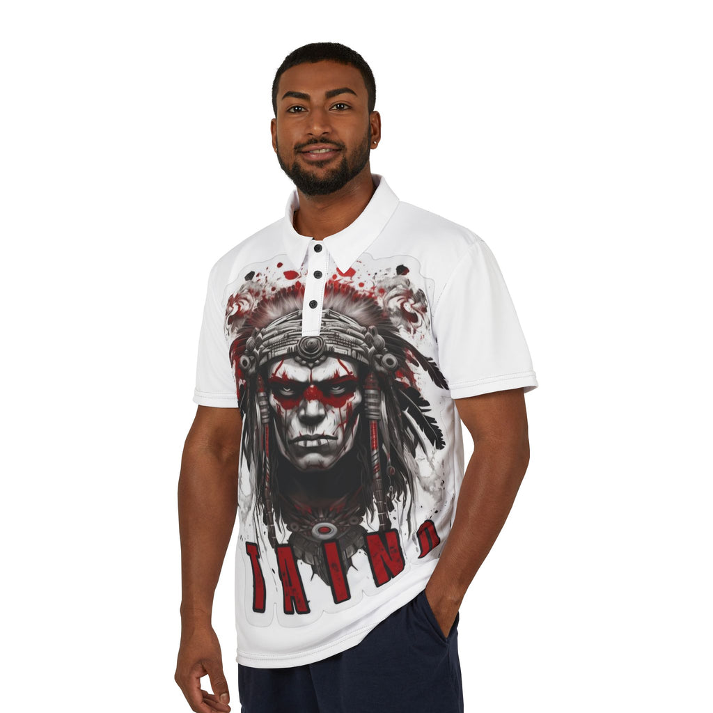 Taino Tribal Warrior Polo Shirt — Bold Indigenous Headdress Graphic