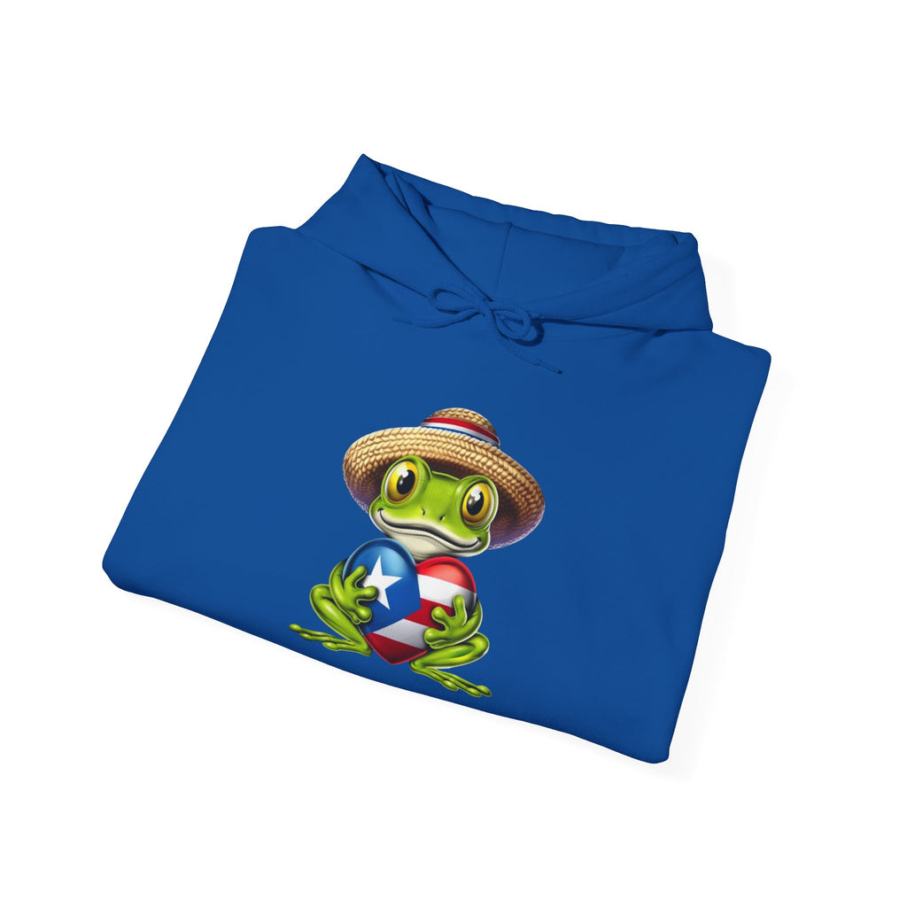 Puerto Rico Frog Hoodie — Coquí with Flag Heart Back Graphic
