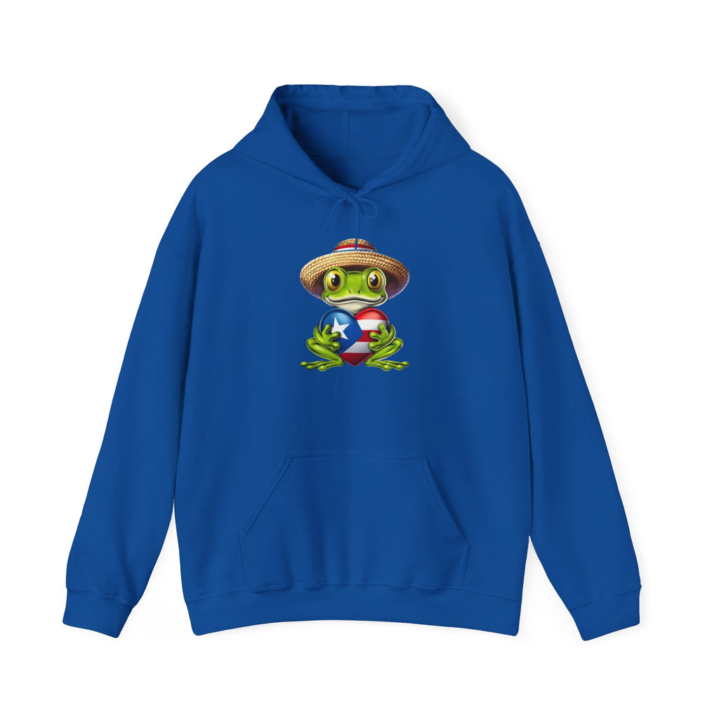Puerto Rico Frog Hoodie — Coquí with Flag Heart Back Graphic