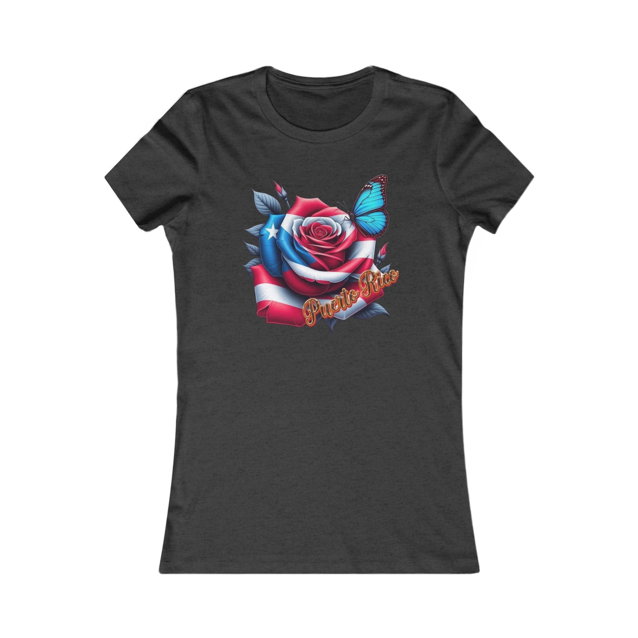Patriotic Puerto Rico Rose Tee — Women's Flag Butterfly Floral T-Shirt