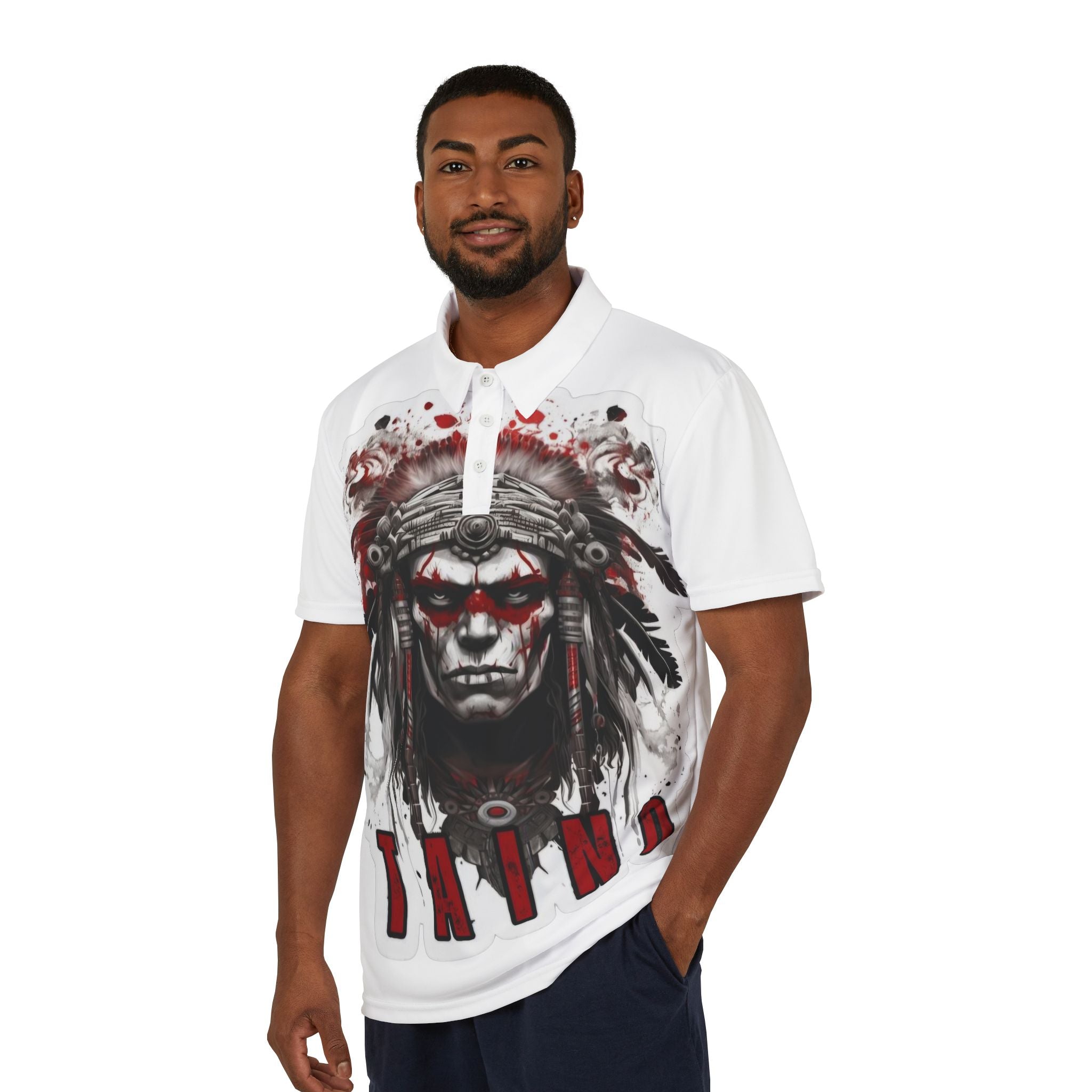 Taino Tribal Warrior Polo Shirt — Bold Indigenous Headdress Graphic