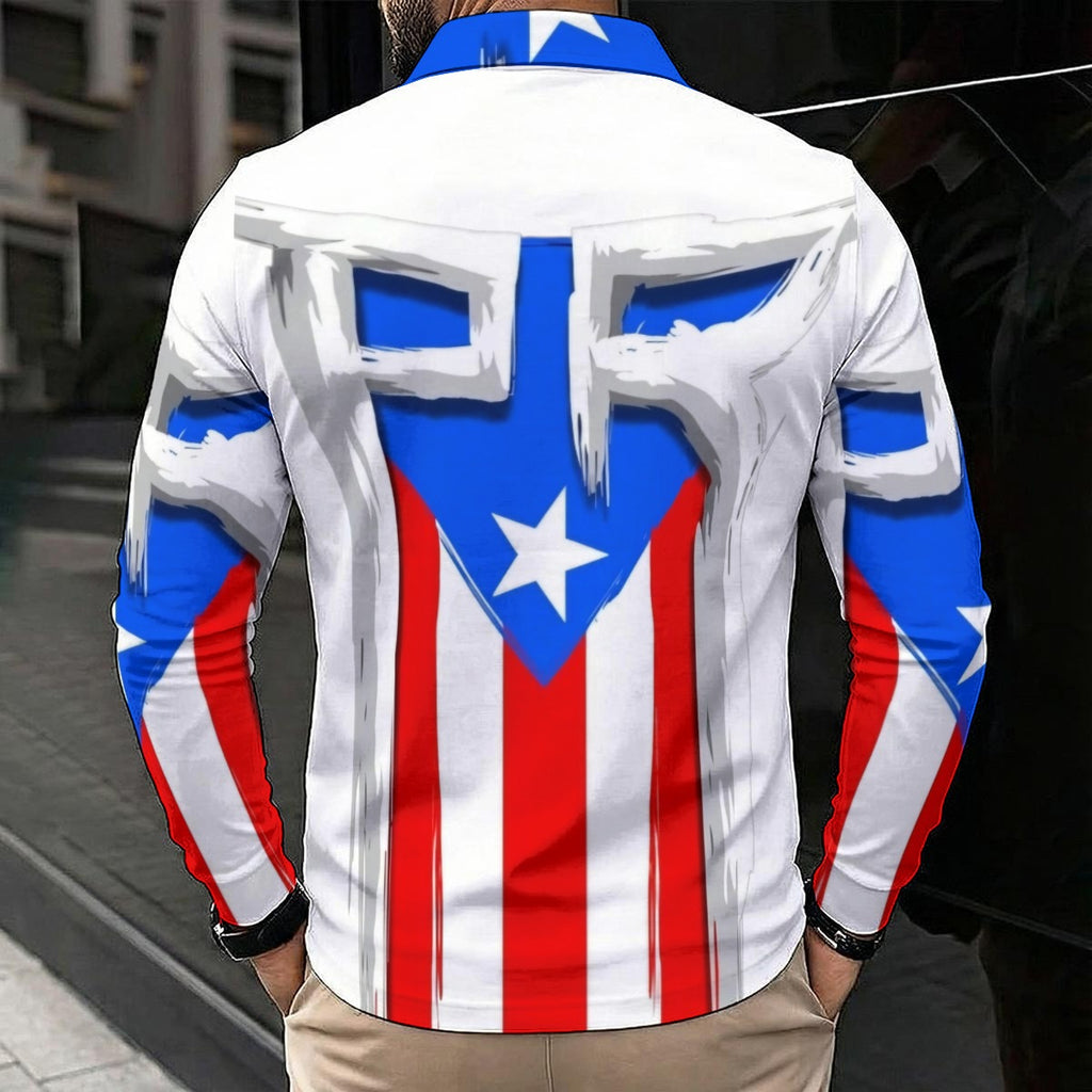 Flag of Puerto Rico All-Over Print Men's Polo Shirt With Long Sleeve