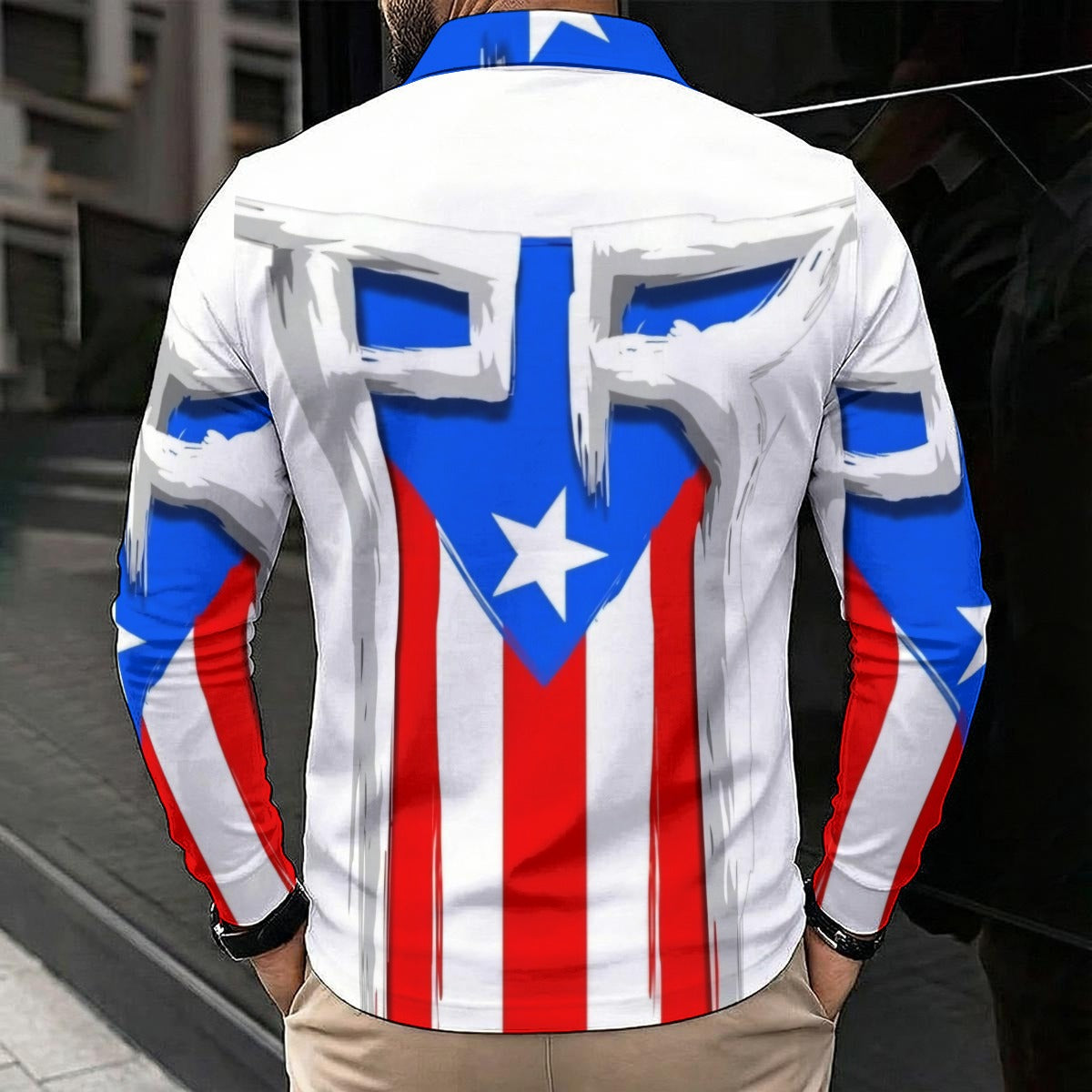 Flag of Puerto Rico All-Over Print Men's Polo Shirt With Long Sleeve