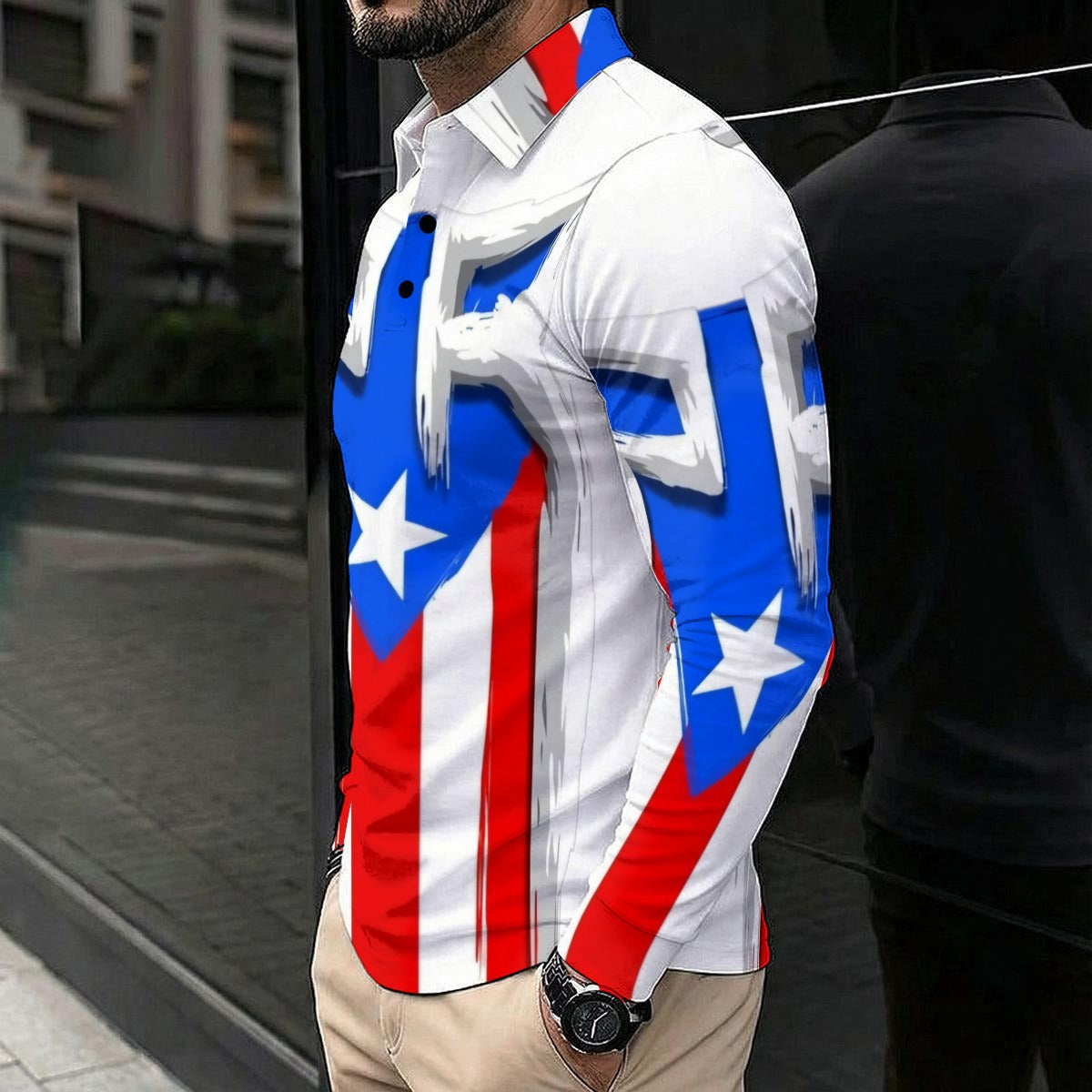 Flag of Puerto Rico All-Over Print Men's Polo Shirt With Long Sleeve
