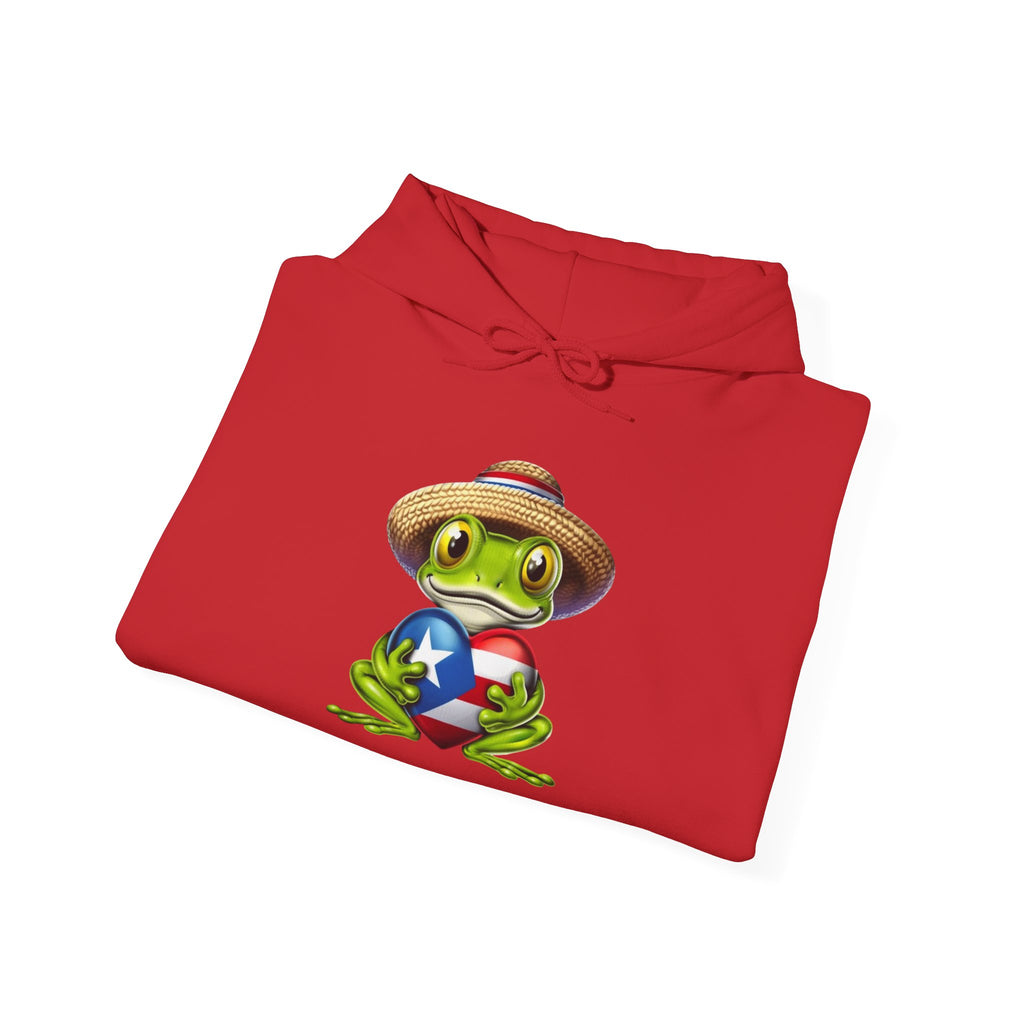 Puerto Rico Frog Hoodie — Coquí with Flag Heart Back Graphic