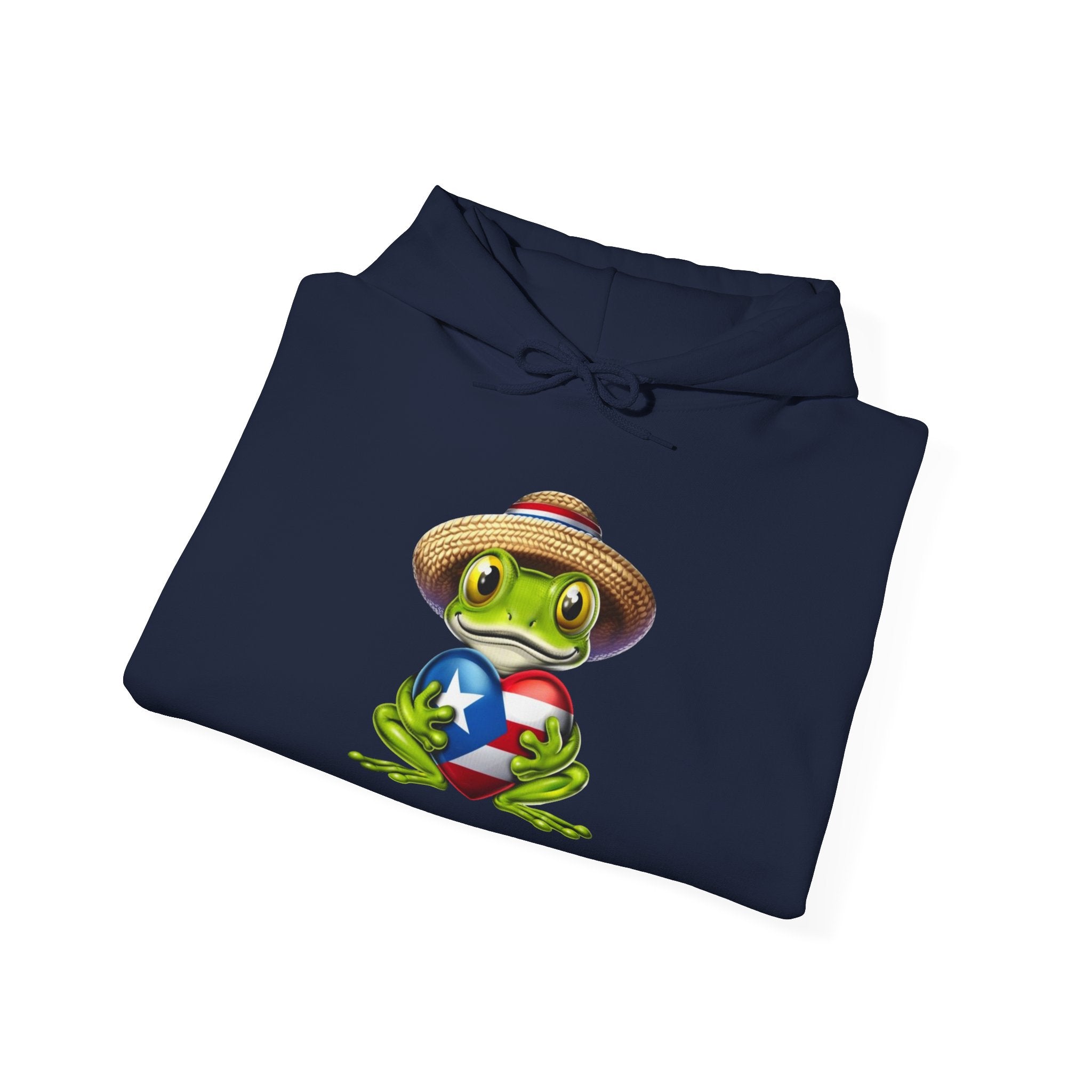 Puerto Rico Frog Hoodie — Coquí with Flag Heart Back Graphic