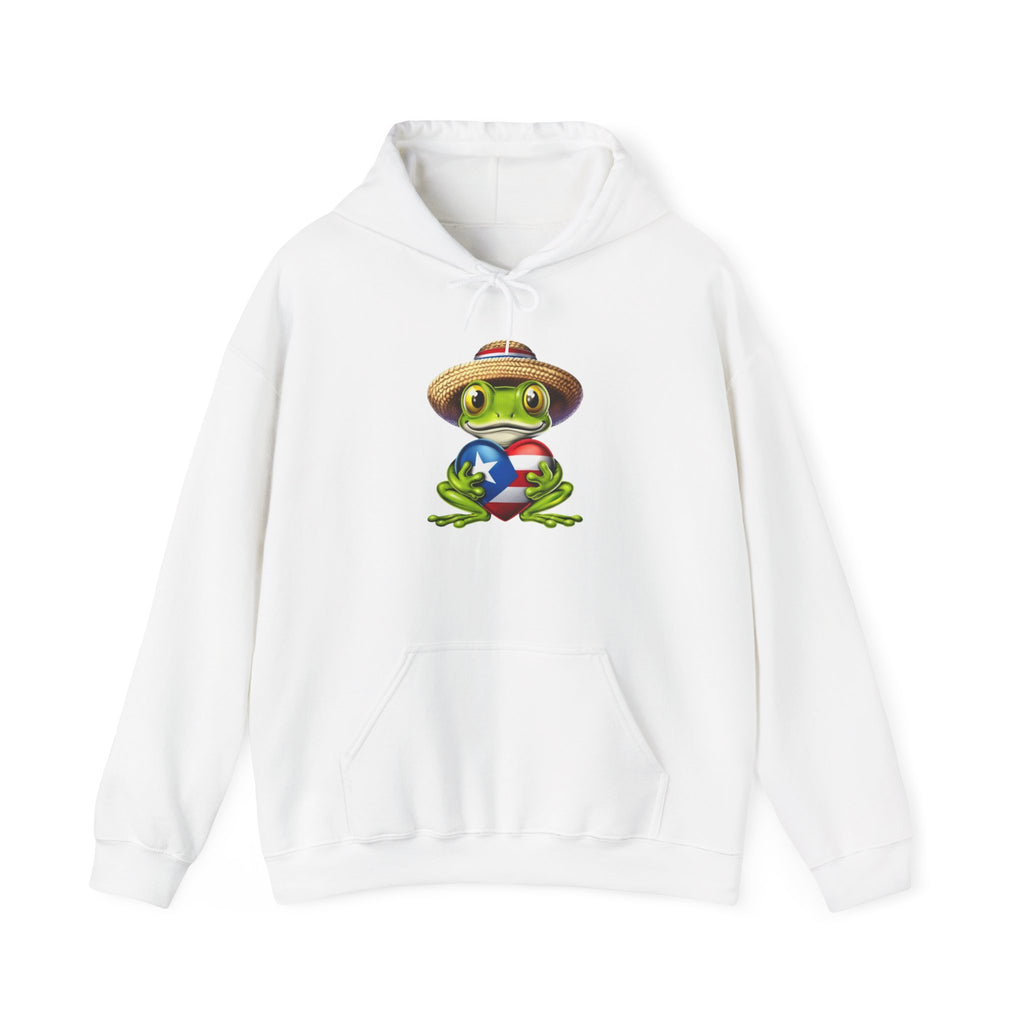 Puerto Rico Frog Hoodie — Coquí with Flag Heart Back Graphic