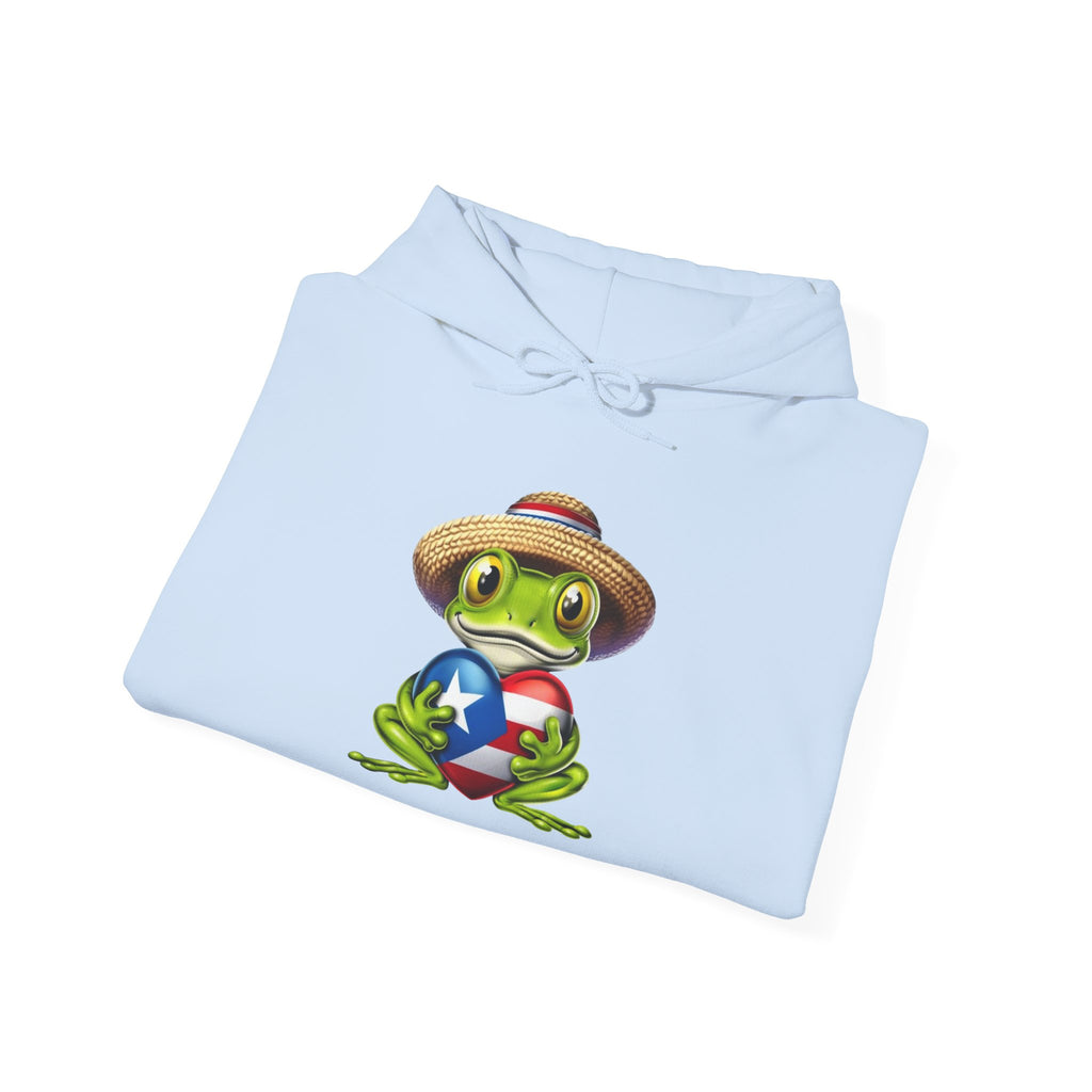 Puerto Rico Frog Hoodie — Coquí with Flag Heart Back Graphic