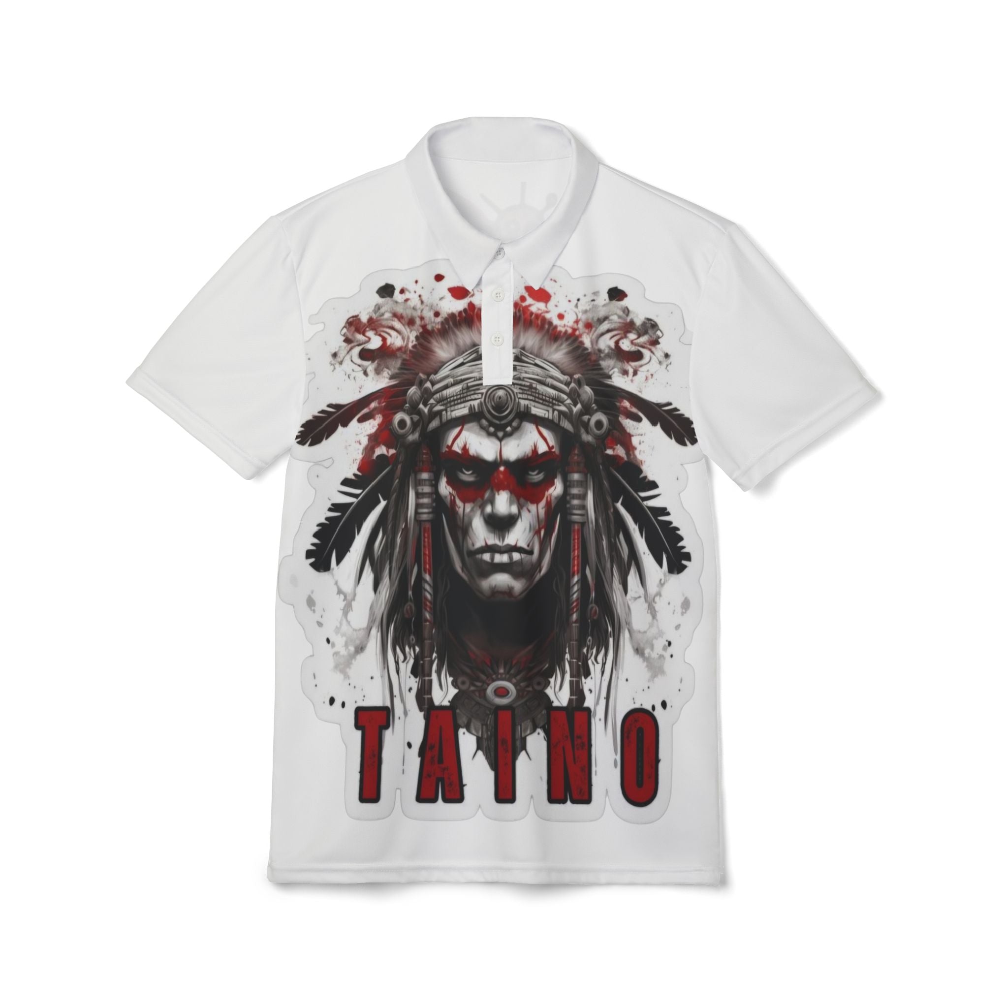 Taino Tribal Warrior Polo Shirt — Bold Indigenous Headdress Graphic