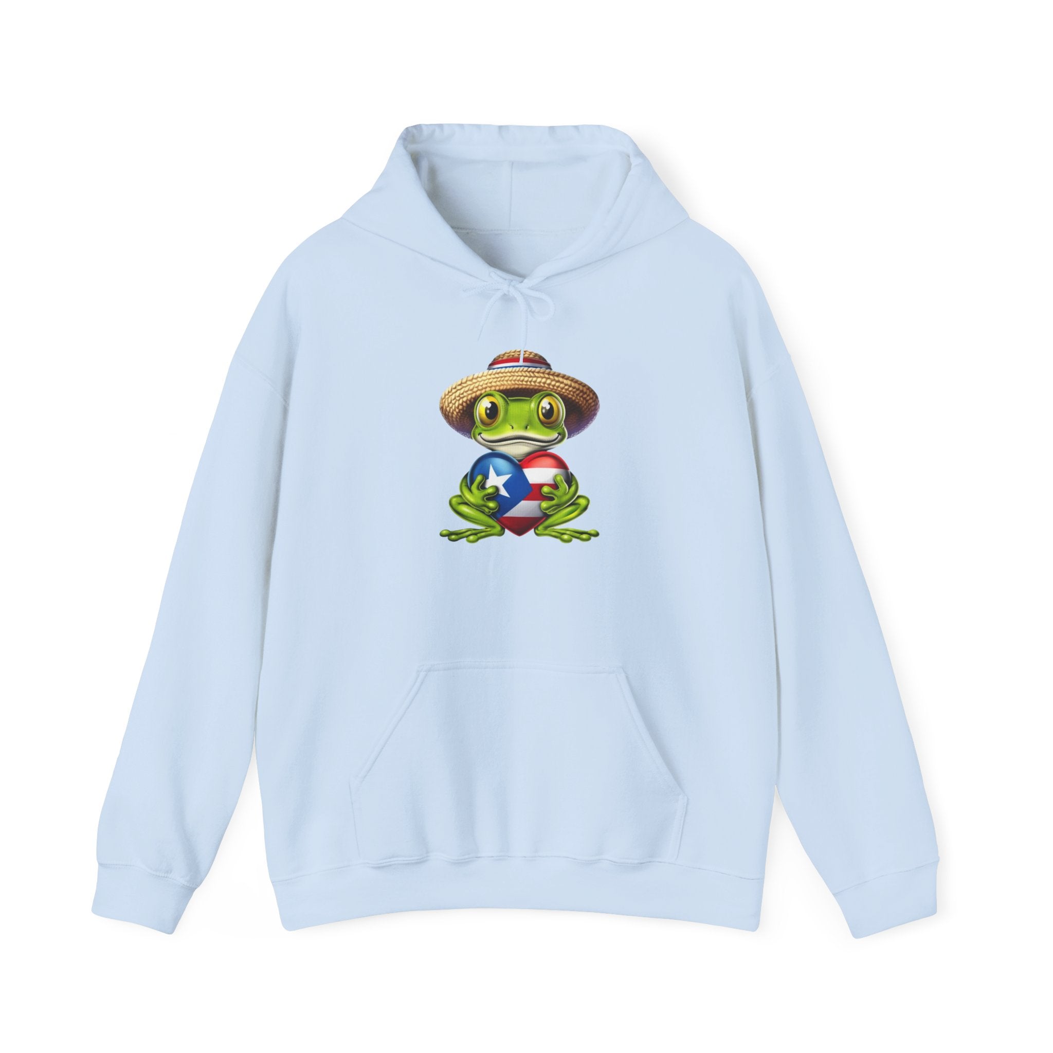 Puerto Rico Frog Hoodie — Coquí with Flag Heart Back Graphic