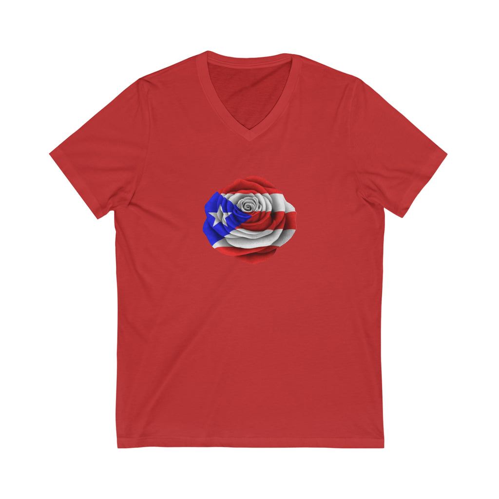 Puerto Rican Flag Rose Unisex Jersey Short Sleeve V-Neck Tee