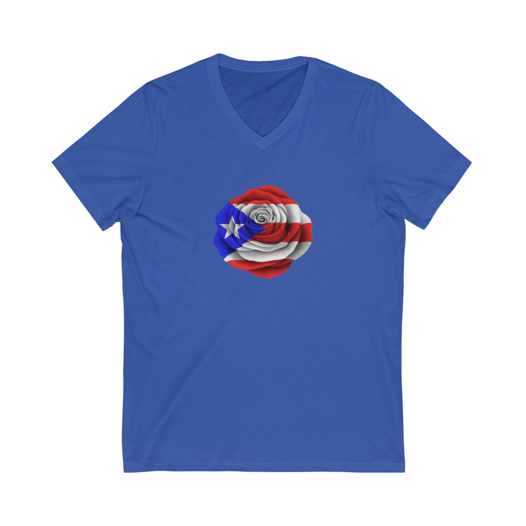 Puerto Rican Flag Rose Unisex Jersey Short Sleeve V-Neck Tee