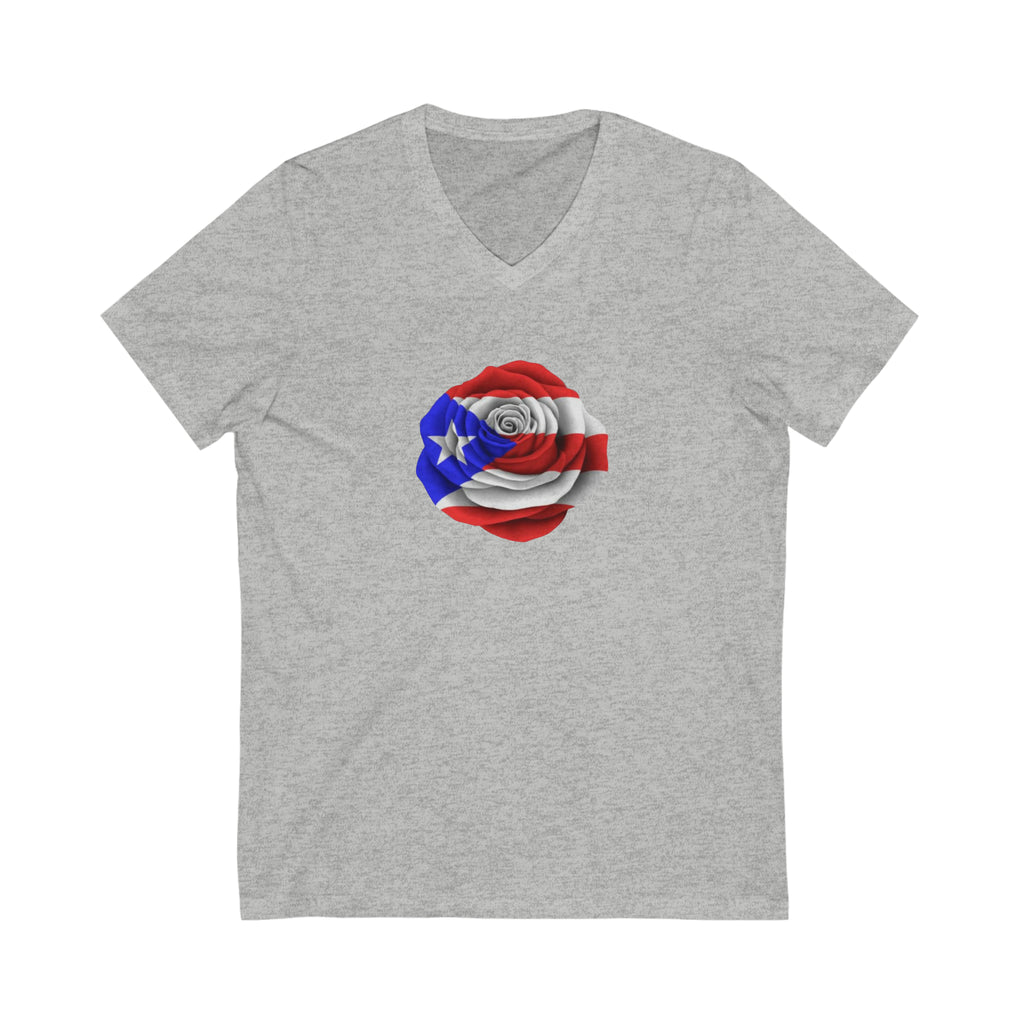 Puerto Rican Flag Rose Unisex Jersey Short Sleeve V-Neck Tee