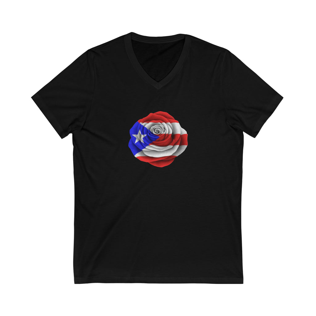 Puerto Rican Flag Rose Unisex Jersey Short Sleeve V-Neck Tee