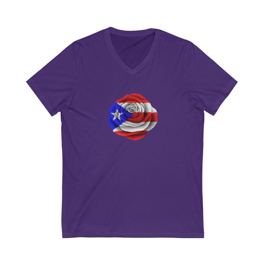 Puerto Rican Flag Rose Unisex Jersey Short Sleeve V-Neck Tee